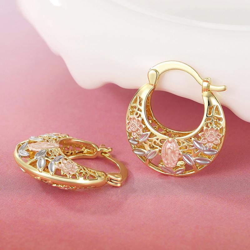 Huitan Trendy Flower Hollow Out Design Metal Hoop Earrings For Women Wedding Party Engagement Daily Luxury Accessories Gift