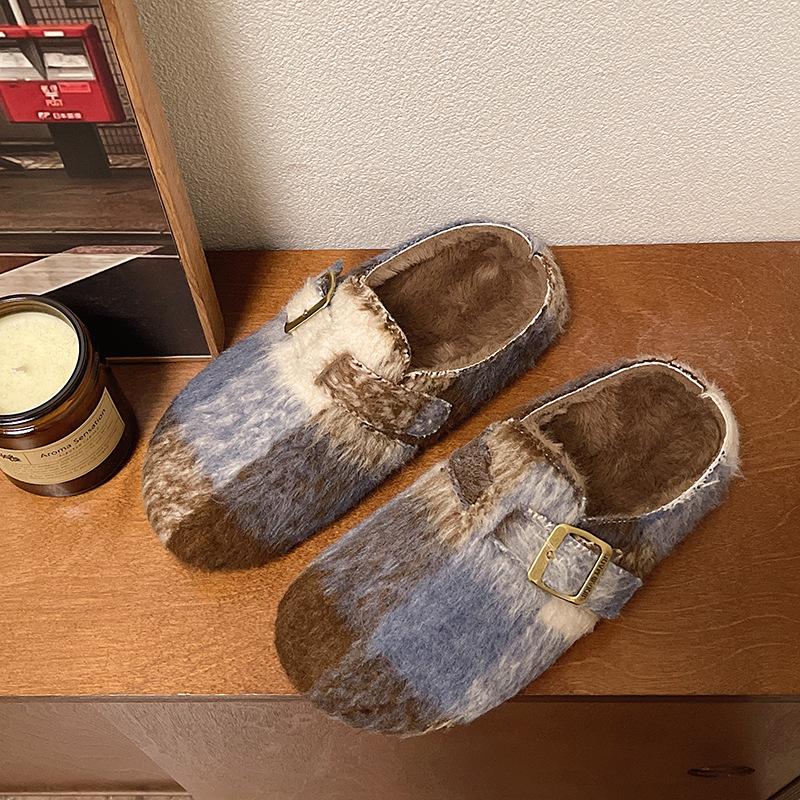 

Осень-зима 2025 новые Mori ретро нишевые балетки с флисовыми теплыми хлопковыми тапочками французской расцветки пушистые туфли 40 синий