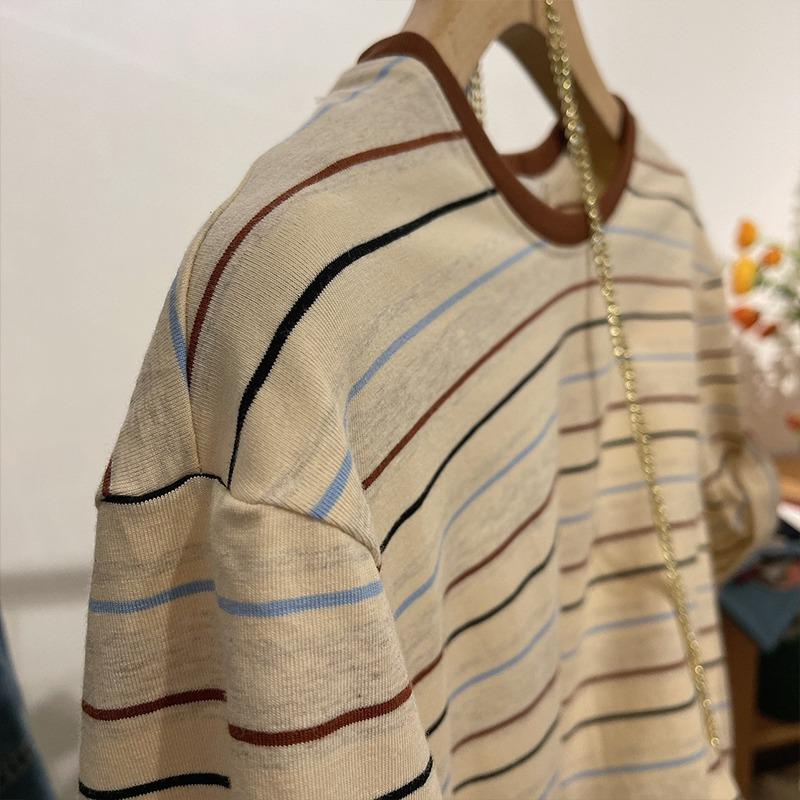 Retro Hong Kong style striped short-sleeved T-shirt women's half-sleeved design sense loose and thin summer new pure cotton top