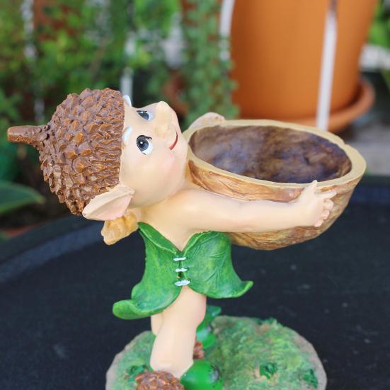 Forest Elf Bird Feeder Resin Elf Figurine with Walnut Bowl Wild Bird Feeding Bowl Garden Statue for Courtyard Outdoor Decor