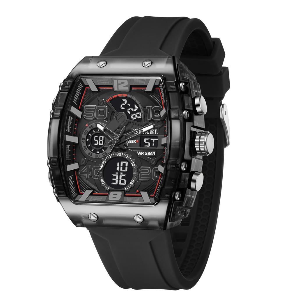 8109 New Men's Square Dual Display Sport Watch - 50M Waterproof Luminous Alarm Chrono Dual Time Multi-Color Silicone Strap