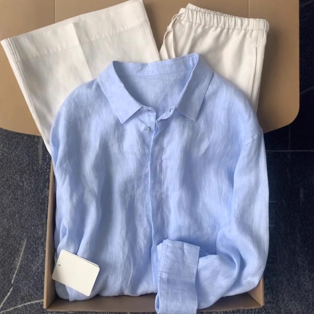 Women French Style Blue Linen Shirt Summer Thin Loose Old Money Long Sleeve Sun Protection Cotton Linen Blouse