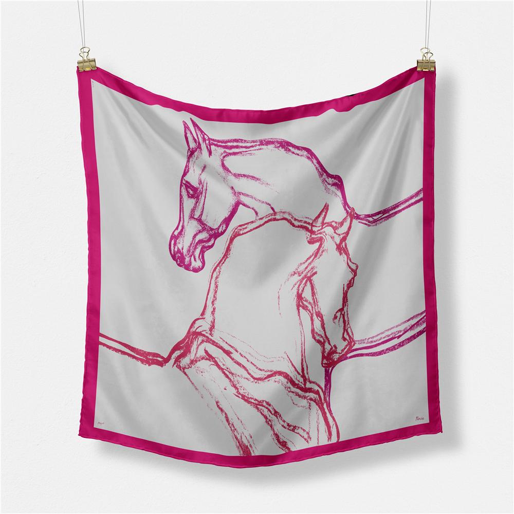 Twill Silk Scarf Woman Tassel Horse Print Square Scarves Wraps Bandana Small Hijab Silk Foulards Lady Tie Headband Neckerchief