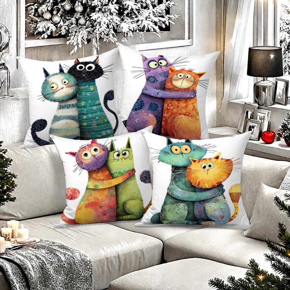 4 Pillow Covers Home Decor Bedding Accessories Cute Cat Theme Cushion Covers