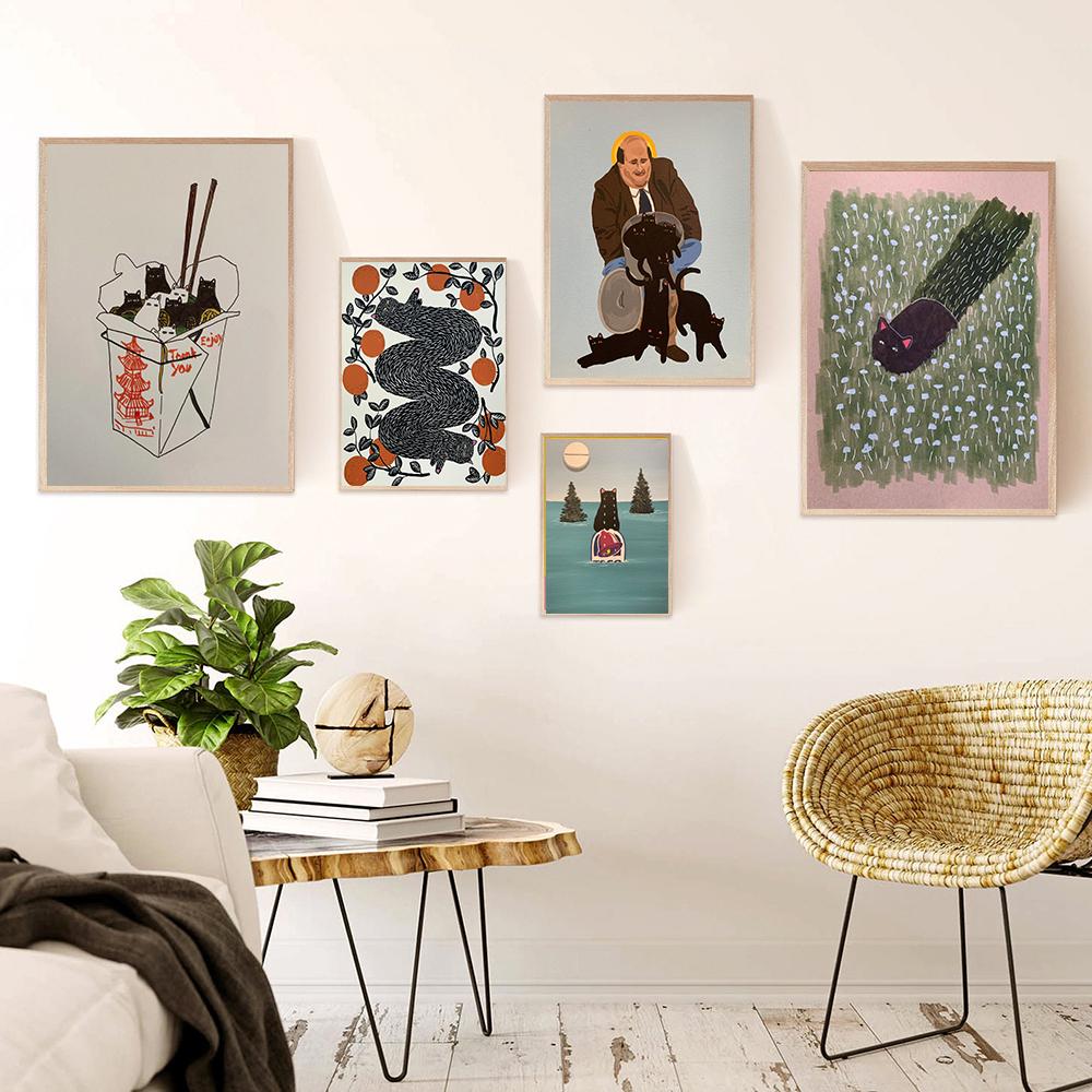 Vintage Abstract Black Cat Poster Four Seasons Flower Food Cat Print Wall Picture Fun Bathroom