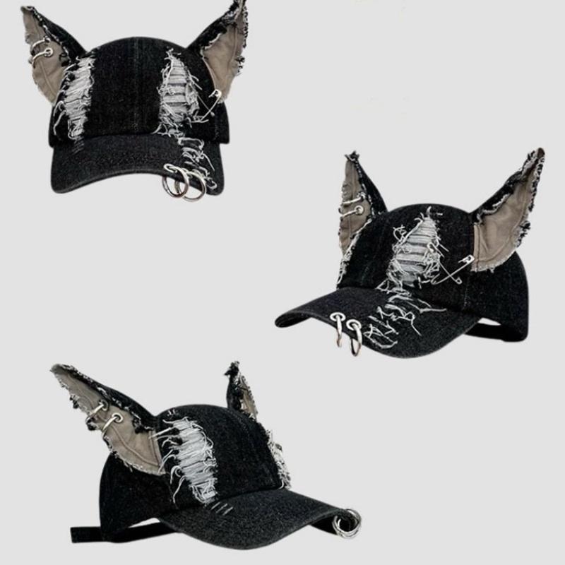 Junk Style Y2K Doberman Dog Ears Washed Cowboy Baseball Cap Dark Tie Punk Personality Street Cap Tide
