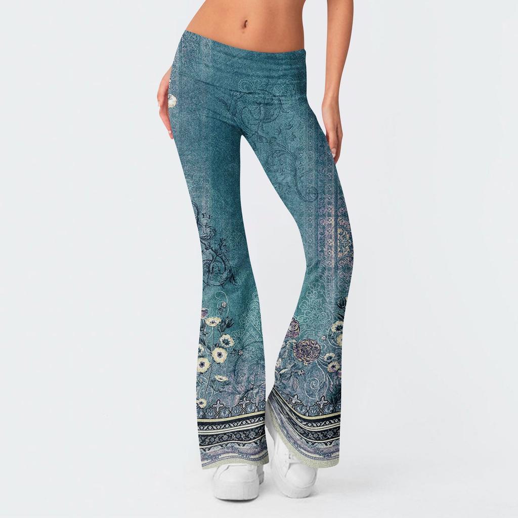 Women's Fashion Print Slim Fit Slim Reverse Waist Low Waist Elastic Waist Flare Pants