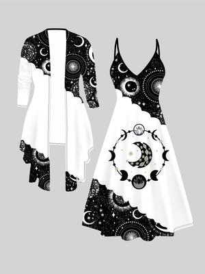 3D Moon Pattern Printed  Set Dress Coat for Valentine's Day, Eccentric Classical Totem Fashion Print,suitable for Various Scene Fashion Styles