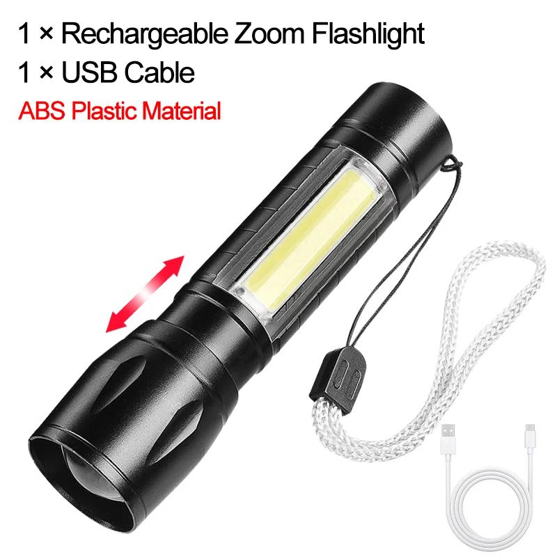 Portable Mini LED Flashlight 3 Modes USB Rechargeable Zoom Torch Strong Light Outdoor Camping COB Lamp Waterproof Flashlights