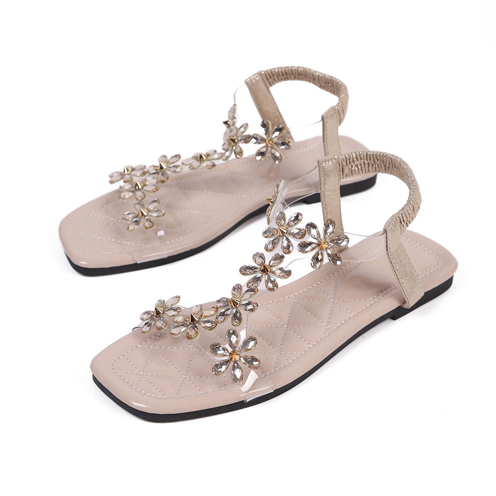 Ladies  casual square toe beach outdoor flower rhinestone elastic flat sandals 36 бежевый