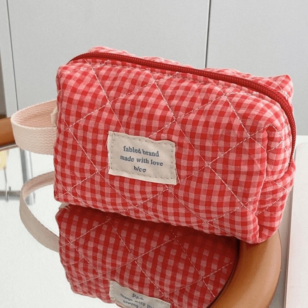 

New Cotton Makeup Bag Cute Checkered Pattern Travel Toiletry Bag Multi-size Large Capacity Storage Wrist Bag Travel Use
