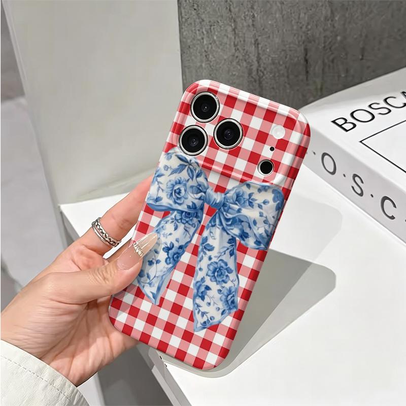 Classic Red Gingham Blue Floral Motif Bow Art Graphic Film Aesthetic Protective Shockproof Bumper Phone Case Cover For iPhone 14 15 16 Pro Max Plus