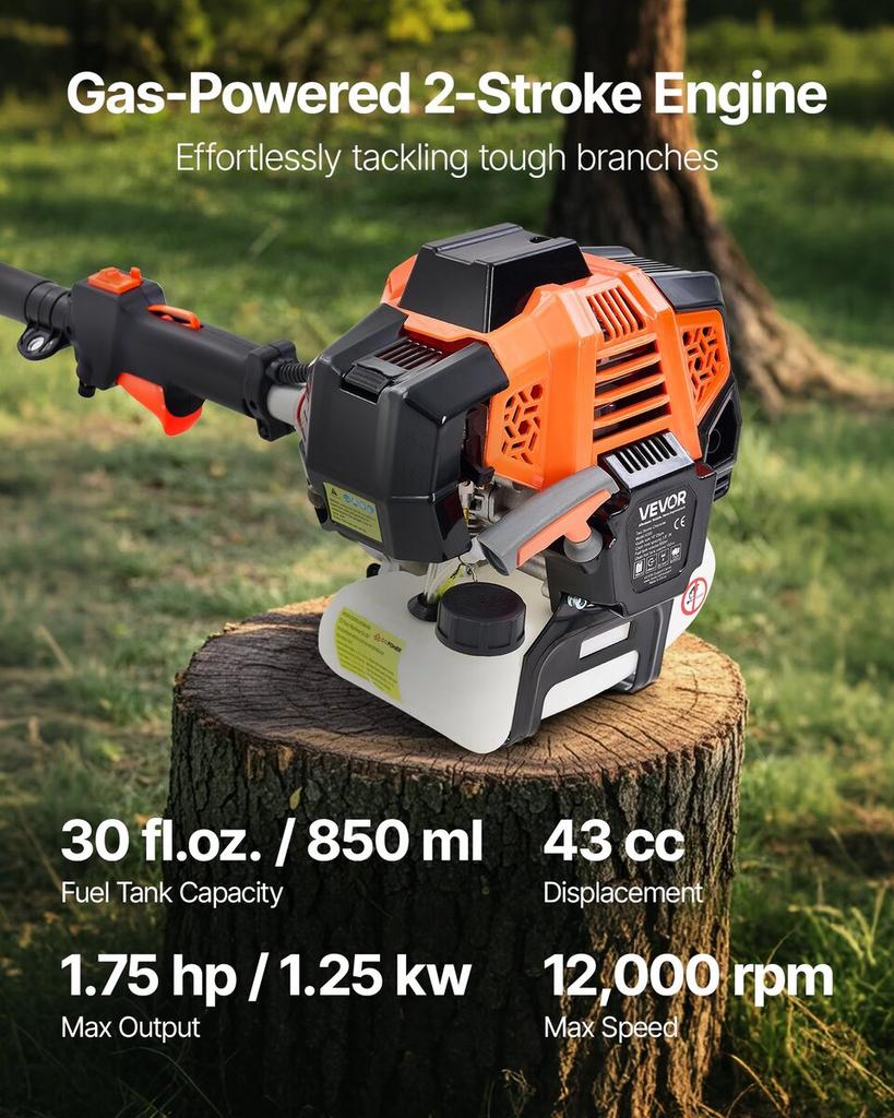 Gas Pole Saw, 33CC 2 Stroke Gas Powered Pole Saws with 20.3 Cm Cutting Bar, Cordless Tree Trimmer with 850ml Fuel Tank, 2.08 To 3.58 M Extendable,