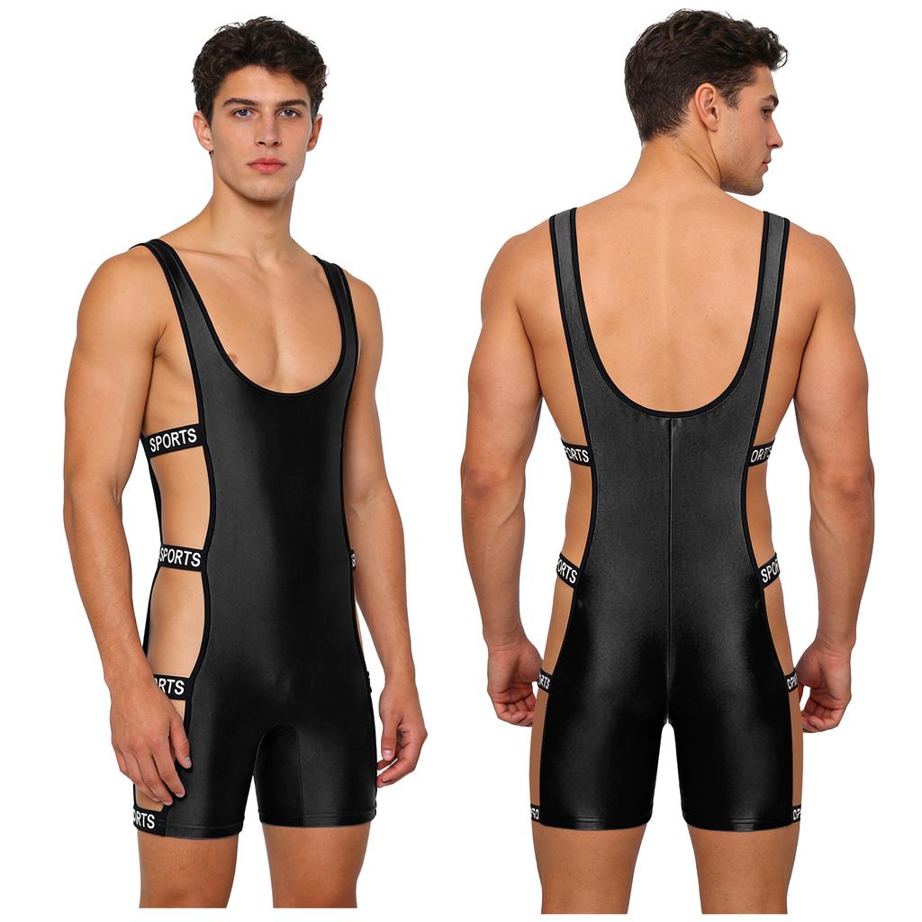 Men‘s Shiny One Piece Swim Bodysuit S-3XL Low Cut Neck Strappy Side Open Elastic Waistband Boxer Bottom for Bodybuilding Pool Training
