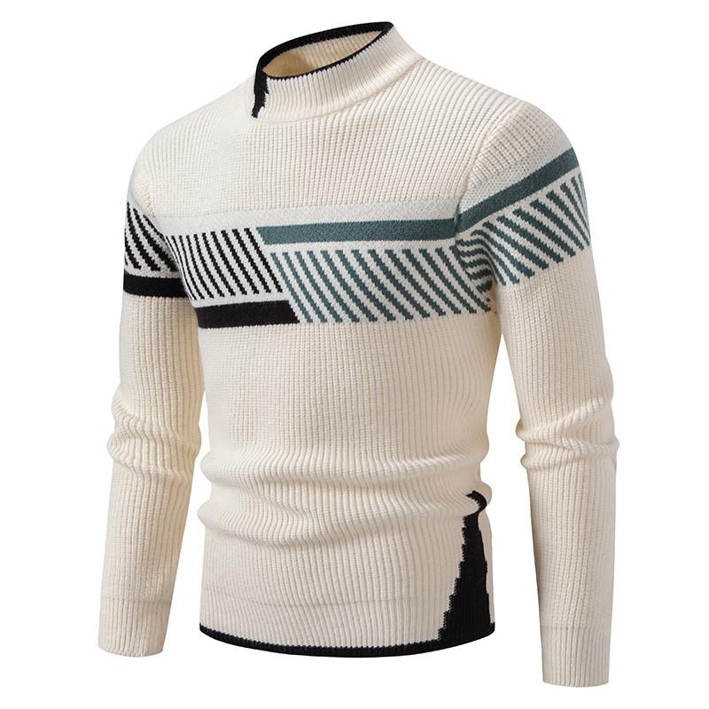 

Fashion Knitted Sweater Men Mock Neck Knitting Pullovers Chic Patchwork Casual Warm Pullovers Man XL