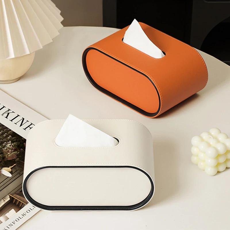 High-End Leather Paper Box Light Luxury Tissue Box Bathroom Living Room Bedroom Desktop Creative Oval Napkin Storage Box