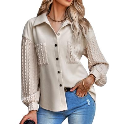 Women Turn Down Collar Button Up Fleece Jacket Cable Knit Long Puff Sleeve Chest Pocket Outwear