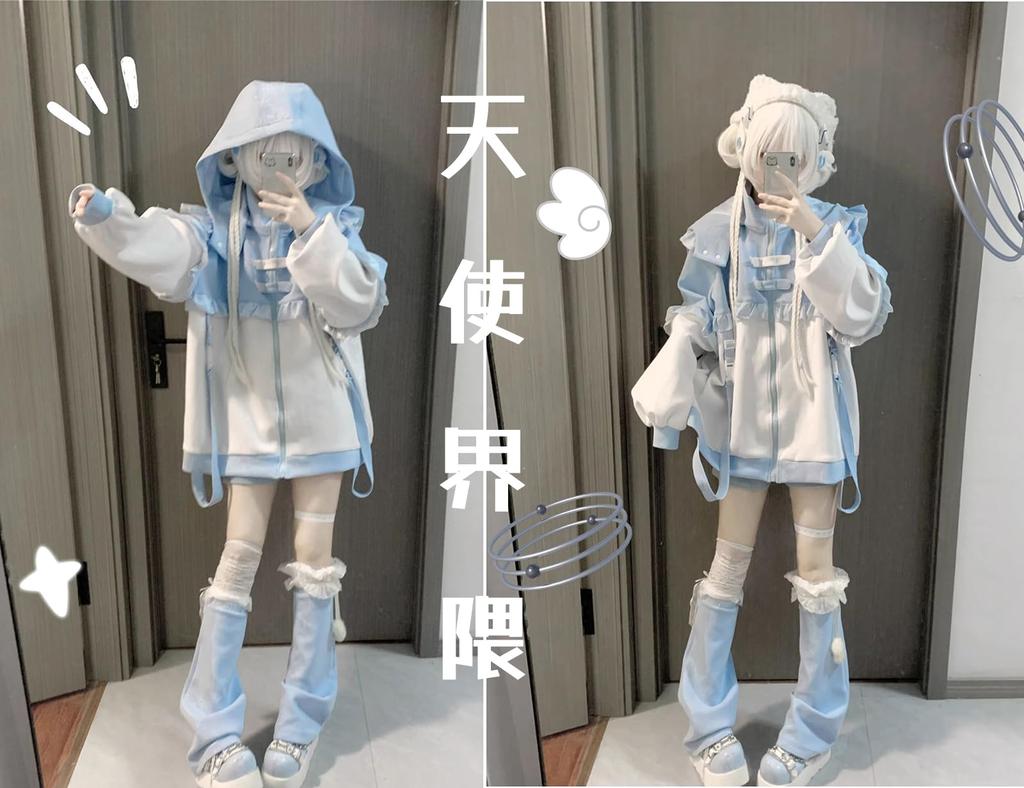 Light Blue Landmine Long Color Angel Check Sickly Light White Size M [XHSUKADO] Zip-Up Hoodie, Angel-inspired, Style, Women's/Men's, Sleeve,