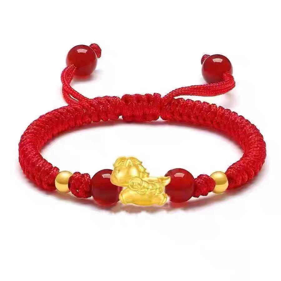 Handmade Red String Bracelet with Gold Ingot and Beads for Zodiac Year of the Horse - Immediate Wealth Lucky Charm