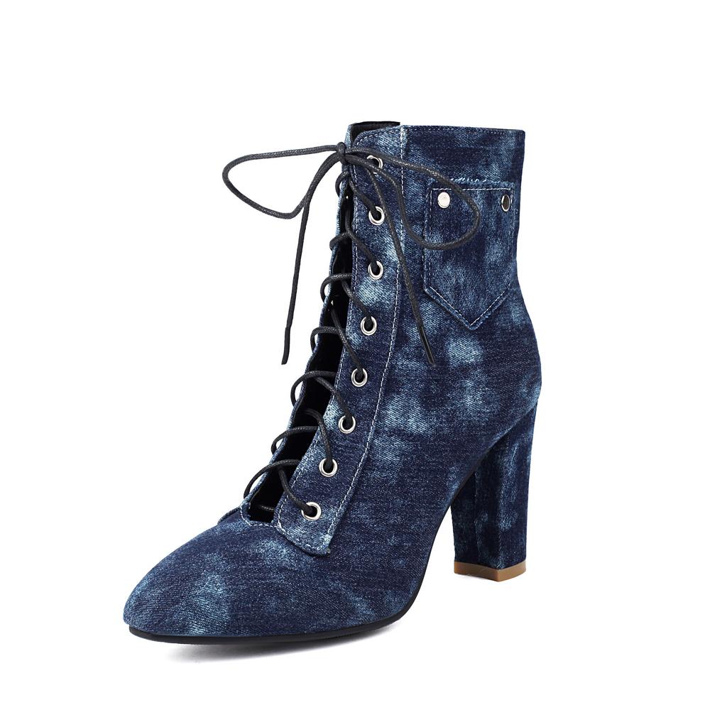 New British cowboy boots lace-up short Martin boots thick high heels plus size shoes boots