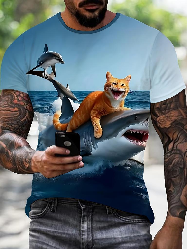 Men'S 3D Cartoon Cat & Shark Print T-Shirt, Casual Crew Neck Polyester Tee, Slight Stretch Knit Fabric, Regular Fit Summer Top for Outdoor