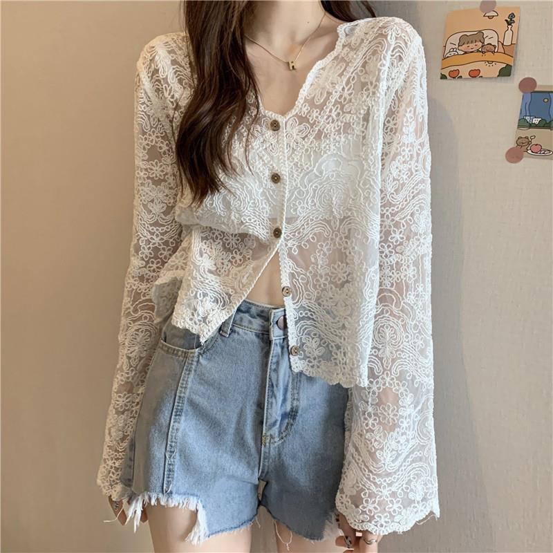 V-Neck Crochet Hollow Lace Sun Protection Cardigan - Summer 2025 Collection