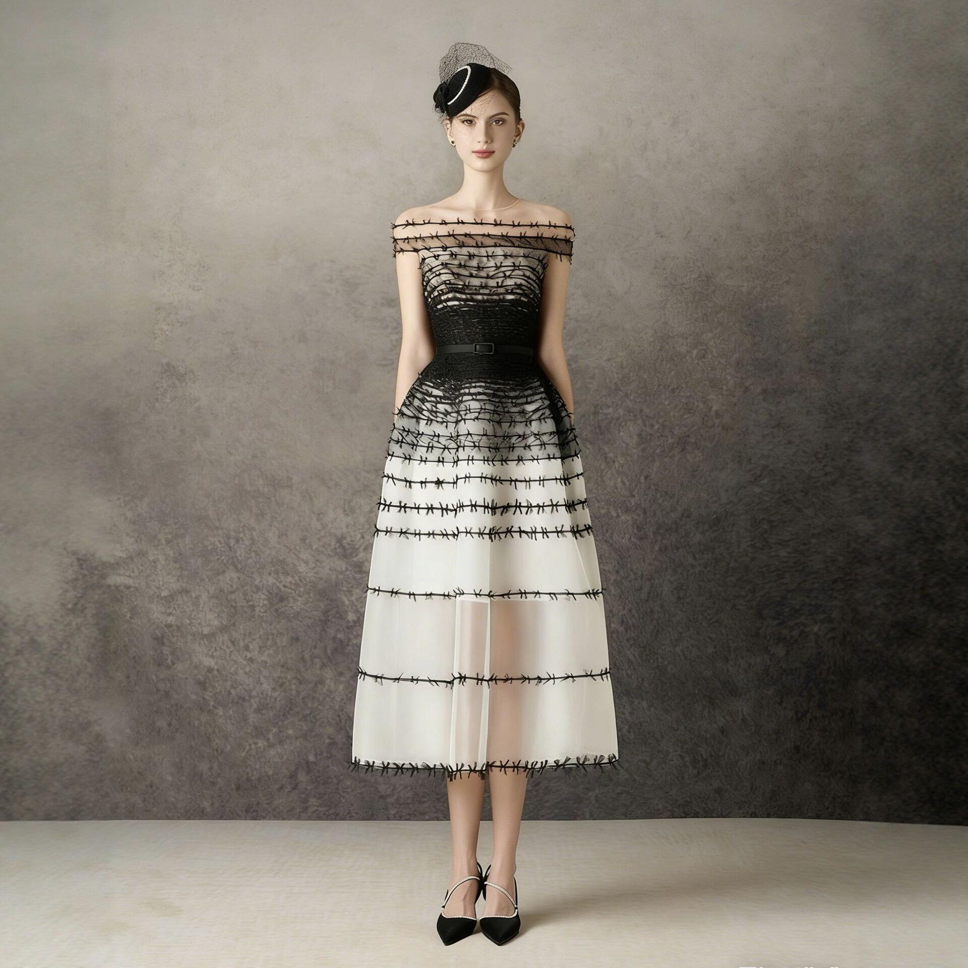 Elegant French One-Shoulder Lace Embroidered Midi Dress with Waist-Cinching Design Medium