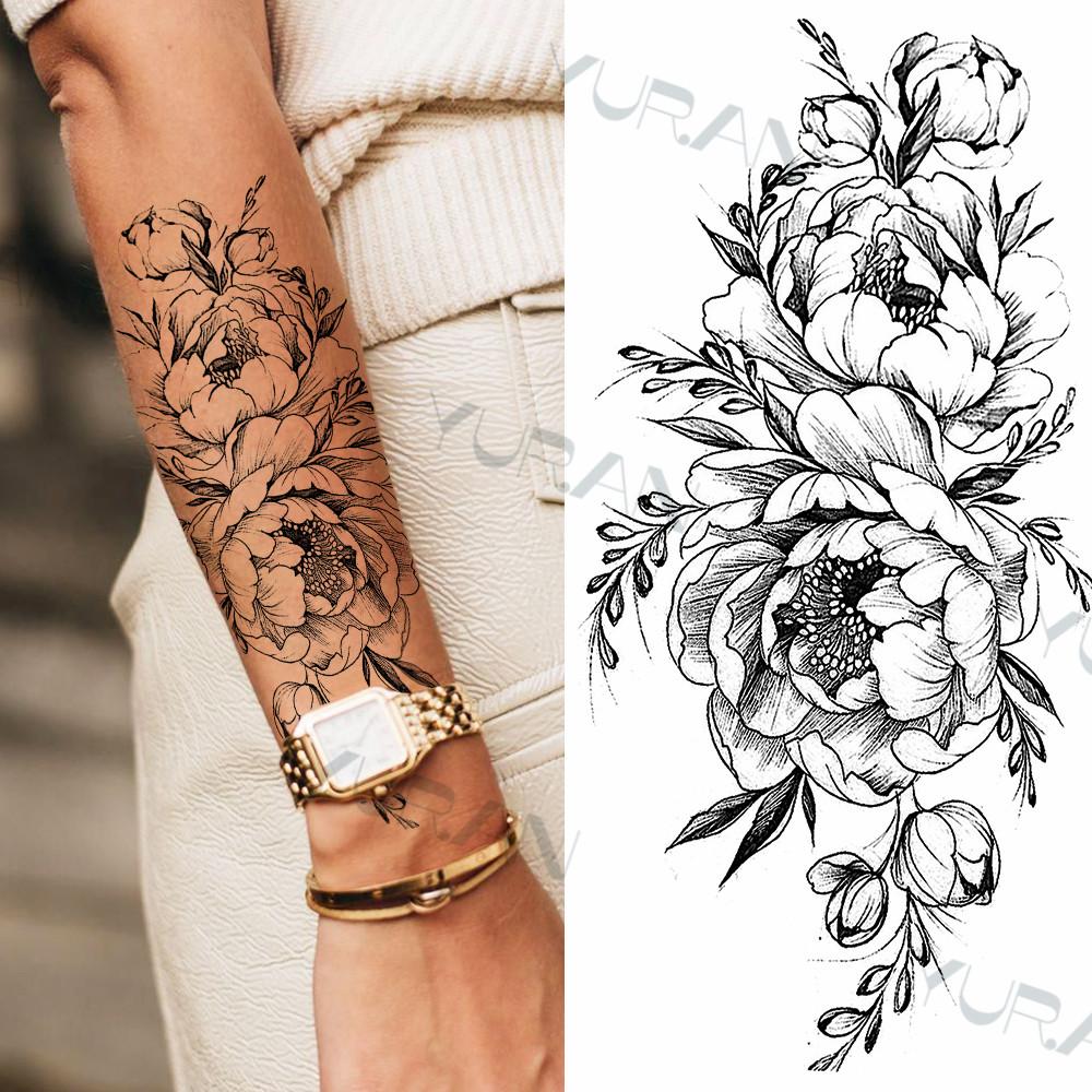 Zwarte Grote Slang Bloem Fake Tattoo Sticker Voor Vrouwen Dot Rose Pioen Tijdelijke Tattoos DIY Water Transfer Tatoos Meisjes
