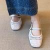 Women's Genuine Leather Mary Jane Sandals - Hollow Weave, Single Buckle, Breathable Square Toe, Chunky Heel.