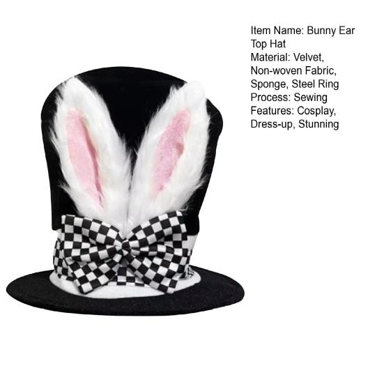 Yousheng Easter Bunny Ear Top Hat for Women Men Adults Furry Rabbit Ear Hat with Checkered Bow for Halloween Party Costume Easter Cosplay Accessory
