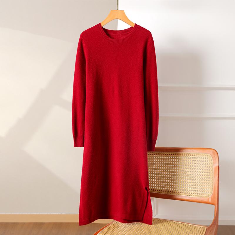 Women's Pure Wool Mid-Length Knit Skirt and Dress, Rolled Hem, Round Neck, Solid Color - Perfect for Autumn and Winter.