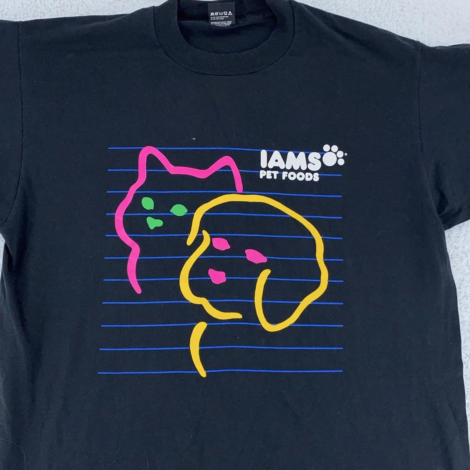 

Vintage Iams Pet Foods Shirt Mens Large Neon Cat Dog Graphic Tee Made USA 90s L