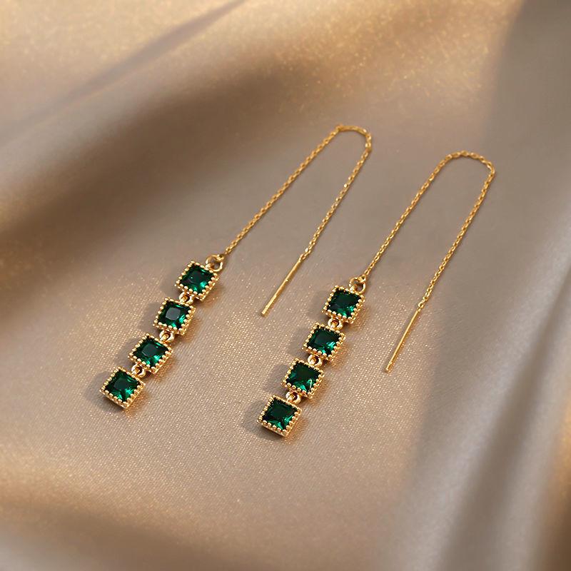 S925 Silver Emerald Square Tassel Earrings - Elegant All-Match Design for Women