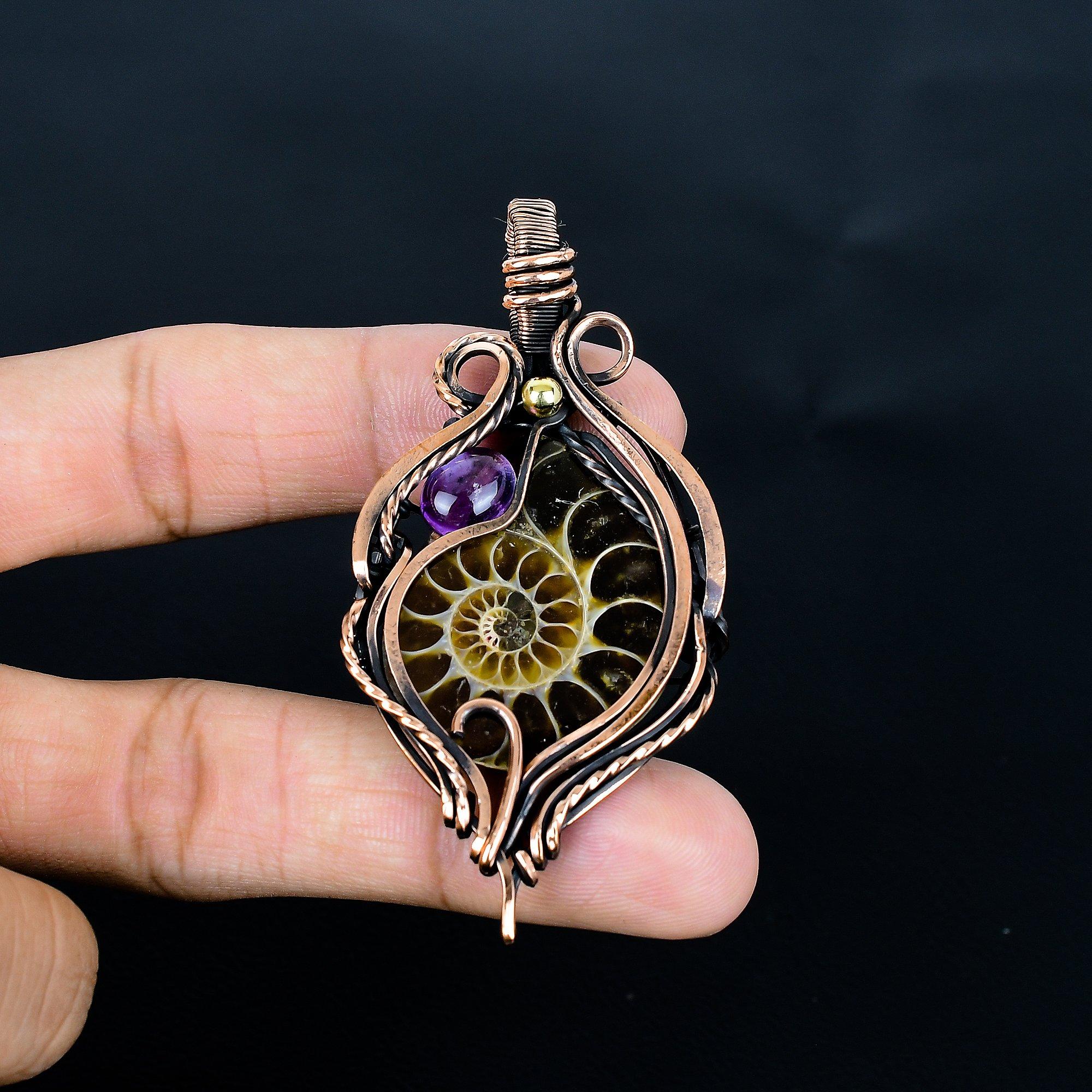 

Ammonite Fossil & Amethyst 999 Copper Wire Wrapped Pendant, Handmade Gemstone Jewelry Pendant For Memorial Day 2.55 Inches