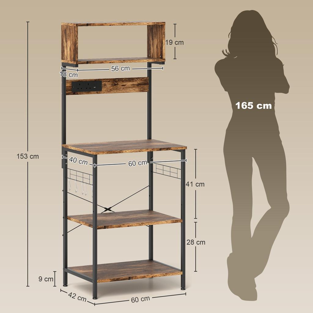 Kitchen Storage Rack Bakers Rack With Power Outlet Usb Charger Rustic Brown