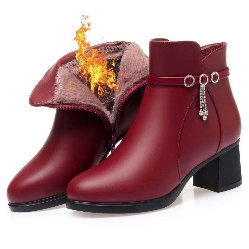 Mom winter shoes high heels short boots 2025 autumn new thick heel thick sole velvet warm women's versatile cotton boots