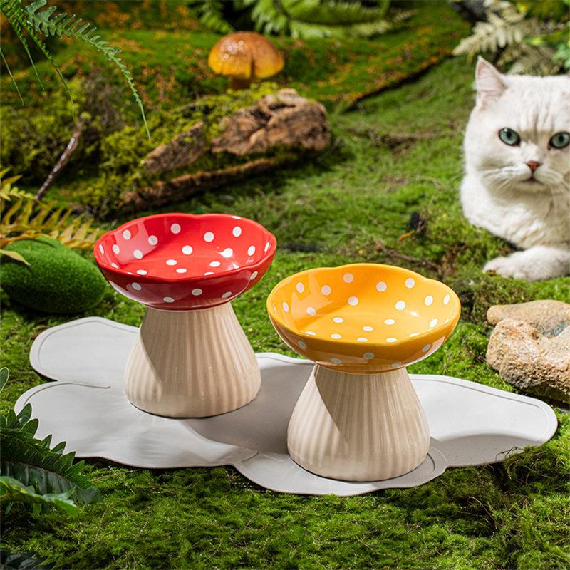Cute Cartoon Mushroom Ceramic Pet Bowl High Foot Protection for Cervical Spine Feeder  for Puppy Dog Small Cat Pet Accessories
