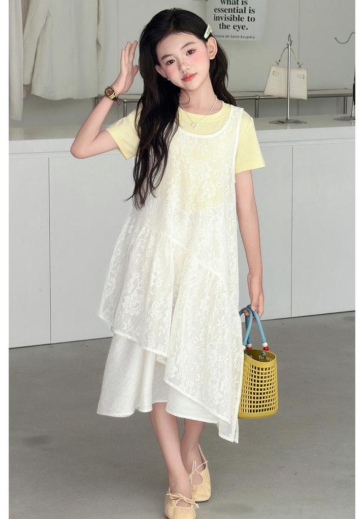 Koreanischer Stil Spitzen Sommer Zweiteiler Kleid mit unregelmäßigem Patchwork - Schichtendesign Midi