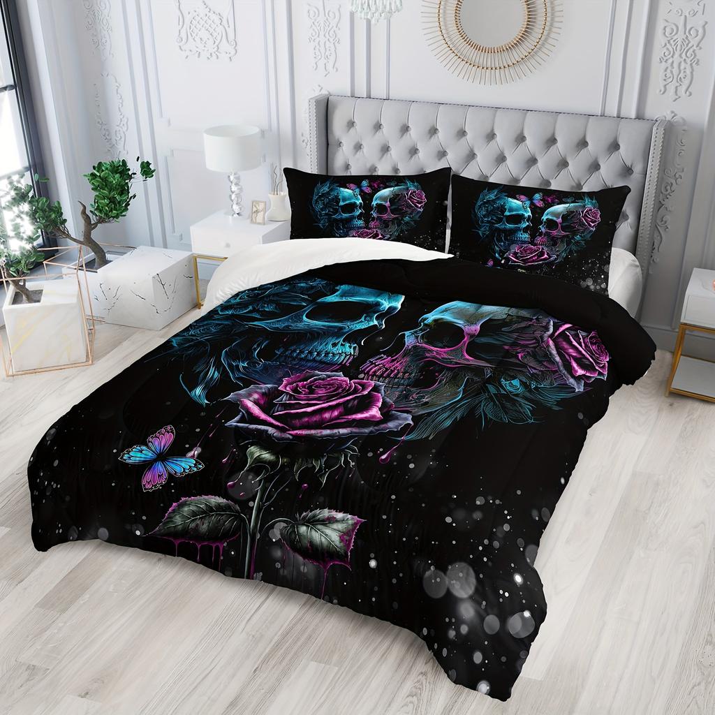 3Pcs Skull Bedding Set Goth Bedding Sets Comforter Skull Comforter Set Rose Comforter Halloween Skull Bed Comforter Cover