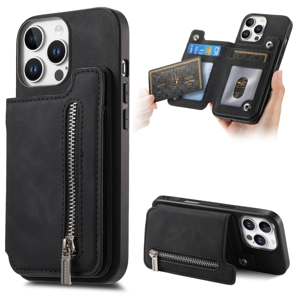 For iPhone 16 Pro Case Magnetic Detachable Zipper Card Holder Leather+TPU Phone Cover