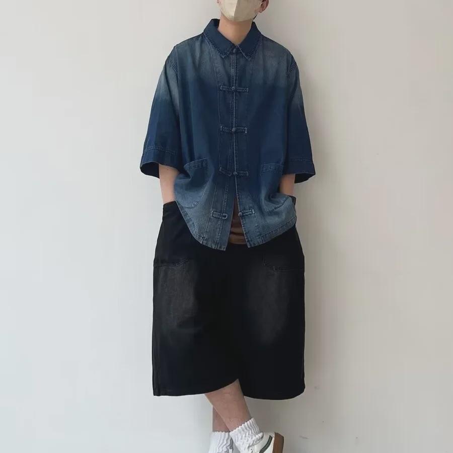 Unisex Retro Gradient Denim Shirt with Frog Button - Short Five-Sleeve Summer Style