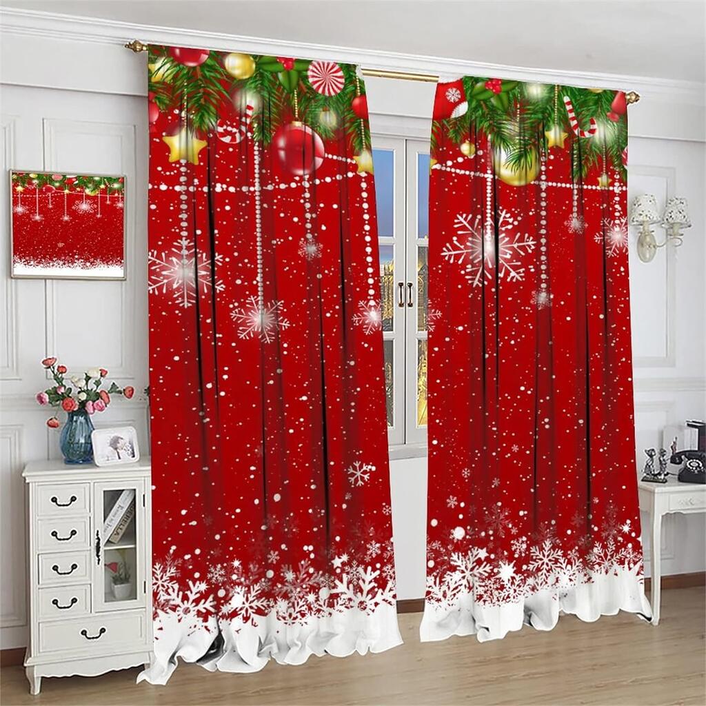 Christmas Red Curtains Santa Claus Snowman Print Window Drapes 2 Panels Living Room Bedroom Kids Sun Block Decor