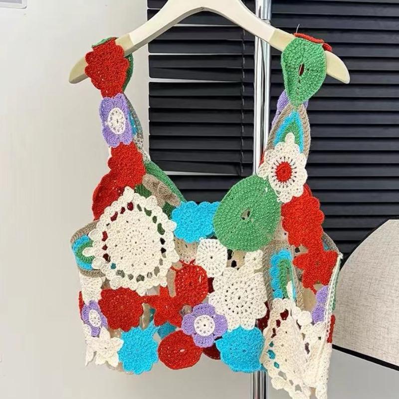 Letní dopaminový dívčí barevný květinový vyšívaný tílkový top pro ženy sladký pletený top