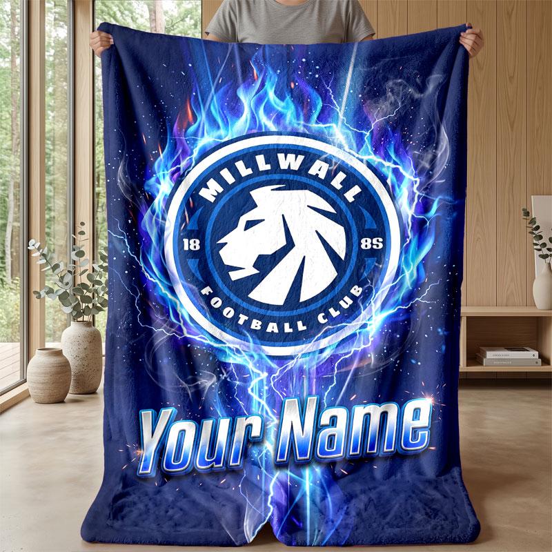 Millwall Custom Name Text Flannel Blanket Soccer Logo Personalized Fleece Throw Blanket Special Gift For Sofa Bedroom Home