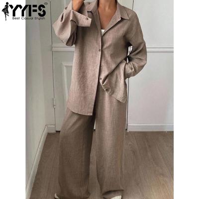 Kadın Moda Günlük Bahar Sonbahar Düz Renk Baskılı Uzun Kollu POLO Yaka Pantolon Takımları