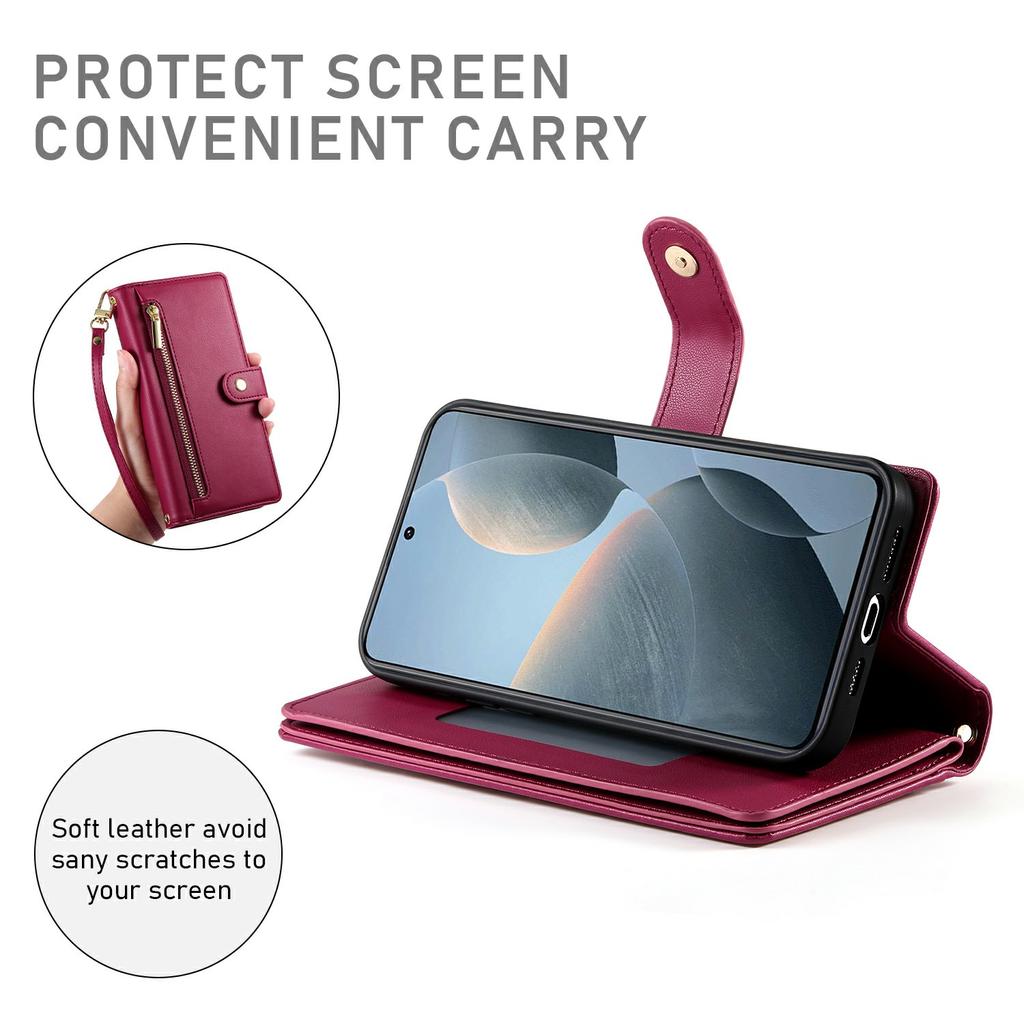 DF-011 For Xiaomi Redmi K80 5G/Poco F7 Pro 5G Case Zipper Pocket Wallet Leather Phone Cover with Straps