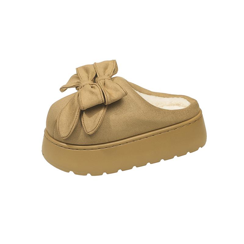 Schleifen Baotou Hausschuhe Winter Neu Runde Spitze Wildleder Plateau Sohle Rutschfest Verschleißfest Warm Baumwollschuhe
