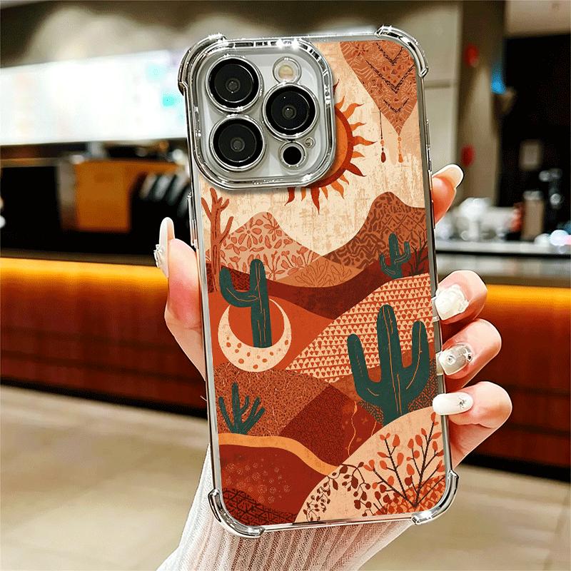 

Cactus Pattern Plating Phone Case For Iphone 16 17 Pro Max Air 16E 14 15 Plus 12 13 Mini Anti-Fall Airabag Cover iPhone 16 Pro Max