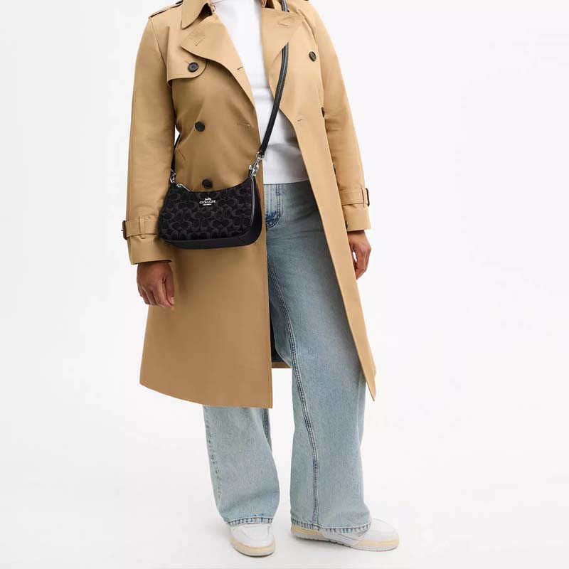 Coach Teri 24 Removable Shoulder Strap Denim And Leather Medium Shoulder Bag Women Shoulder Bag Black CDE43-SVBK