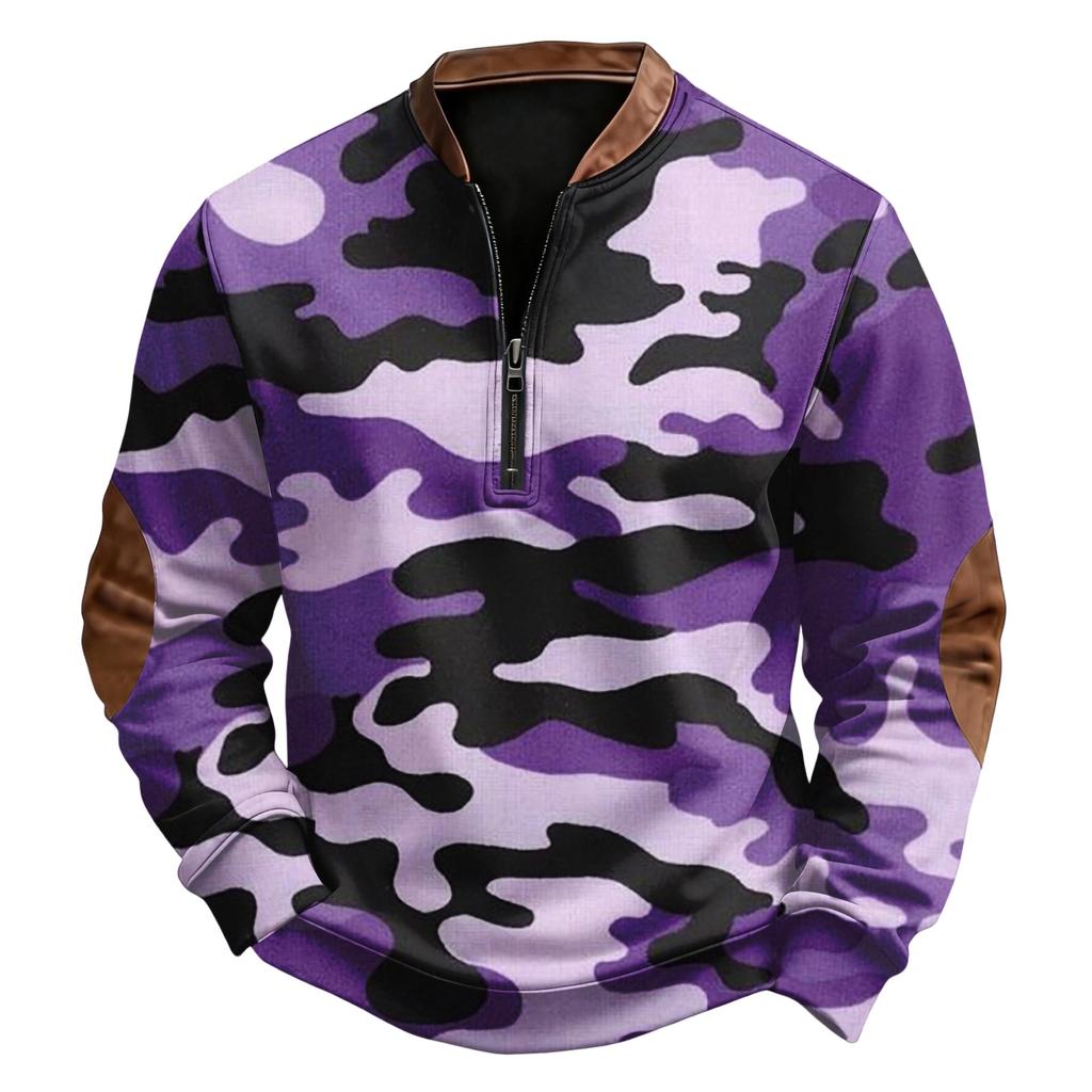 Men's Casual, Trendy, Retro American Camouflage Printed Round-neck Long-sleeved Half-pull One-piece Sweatshirt